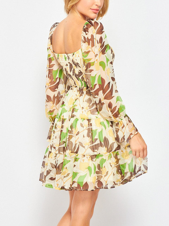 WOMEN'S LONG SLEEVE SMOCK FIT & FLARE FLORAL MINI DRESS