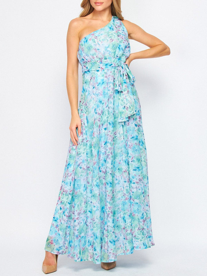 WOMEN'S SLEEVELESS ONE SHOULDER FLORAL MAXI DRESS