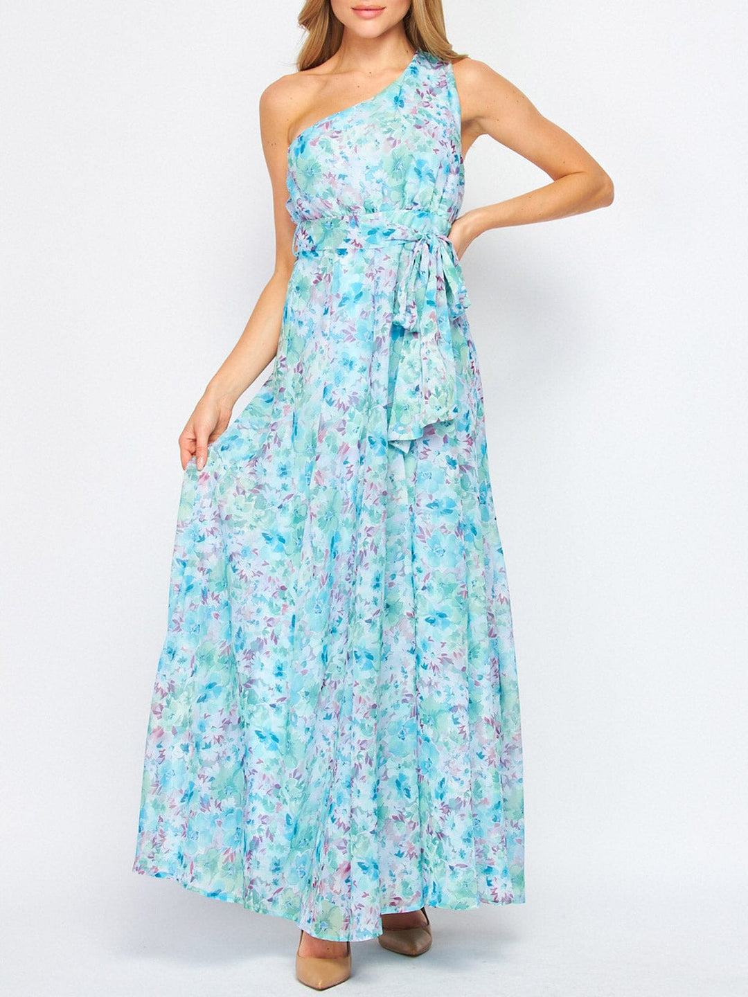 WOMEN'S SLEEVELESS ONE SHOULDER FLORAL MAXI DRESS