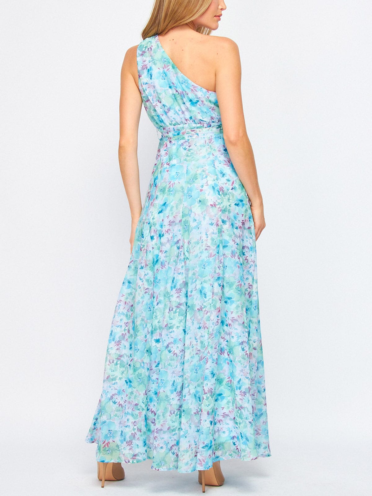 Elegant One-Shoulder Floral Print Tie-Waist Maxi Dress main image 0