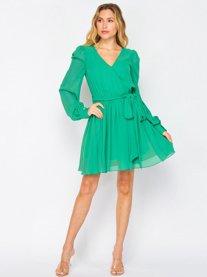 WOMEN'S LONG SLEEVE SURPLICE ELASTIC WAIST SELF TIE MINI DRESS