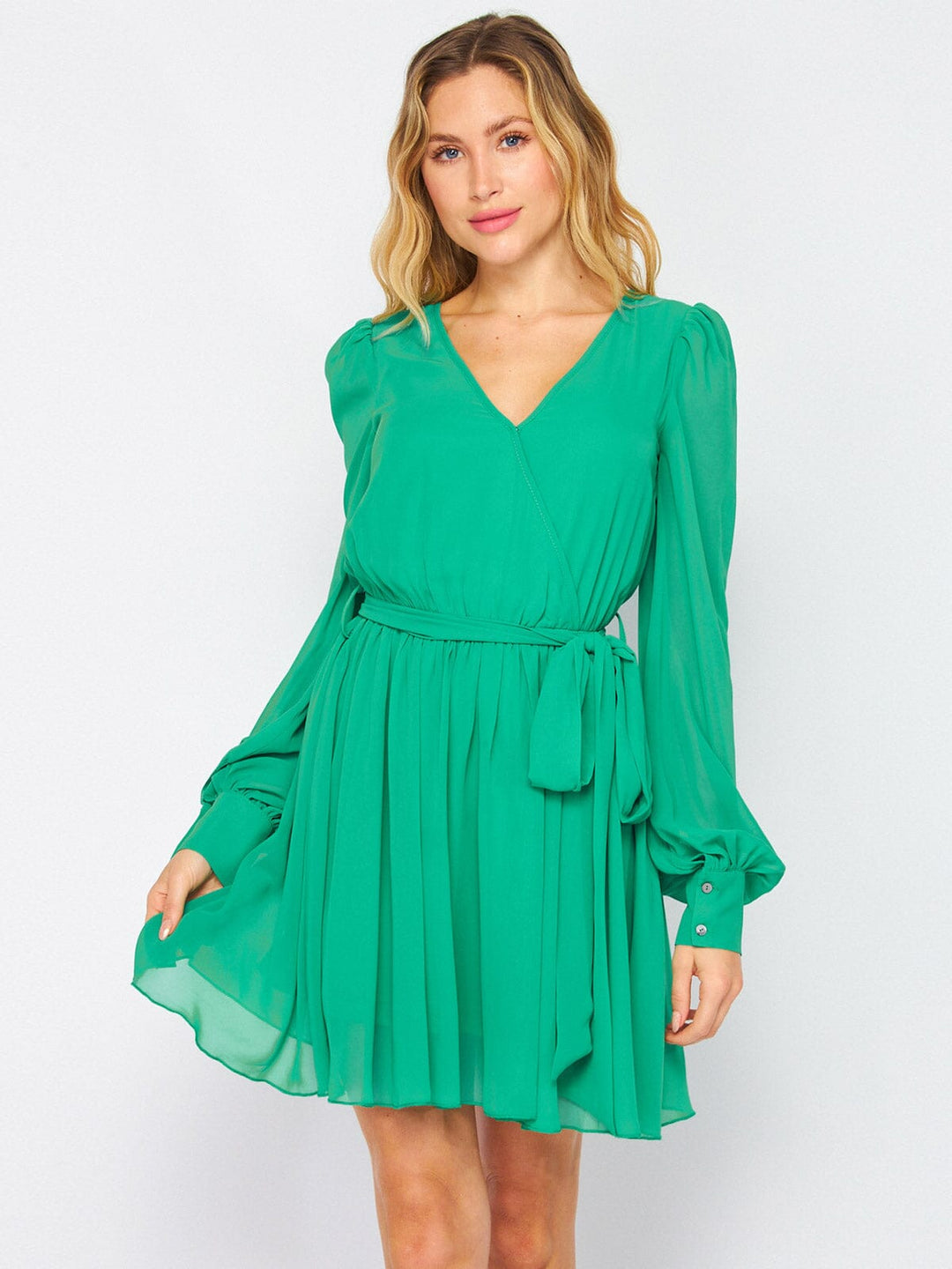 WOMEN'S LONG SLEEVE SURPLICE ELASTIC WAIST SELF TIE MINI DRESS