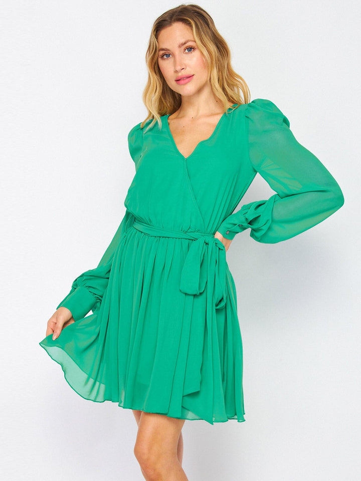 WOMEN'S LONG SLEEVE SURPLICE ELASTIC WAIST SELF TIE MINI DRESS