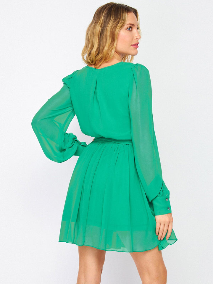 WOMEN'S LONG SLEEVE SURPLICE ELASTIC WAIST SELF TIE MINI DRESS