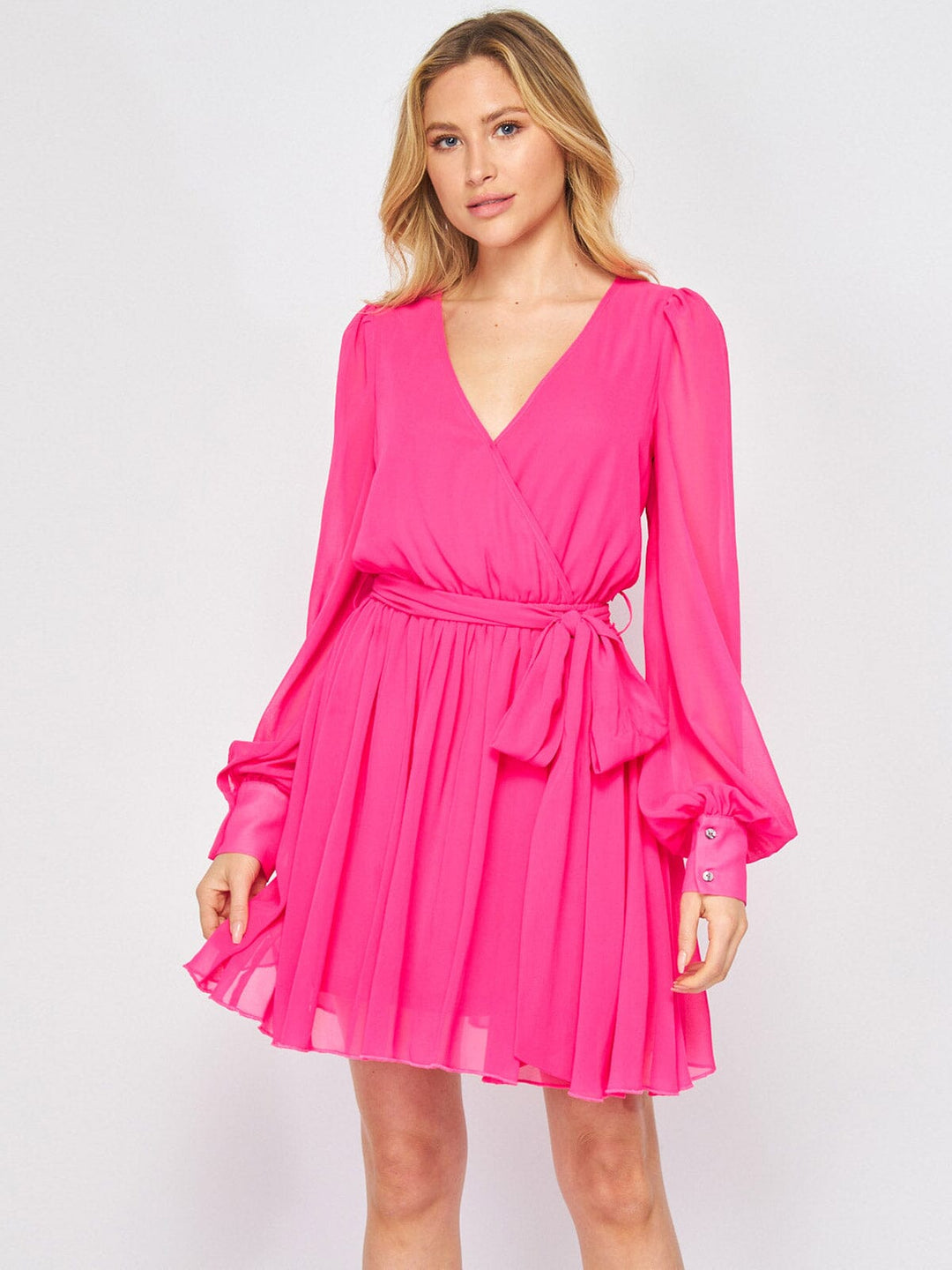 WOMEN'S LONG SLEEVE SURPLICE ELASTIC WAIST SELF TIE MINI DRESS