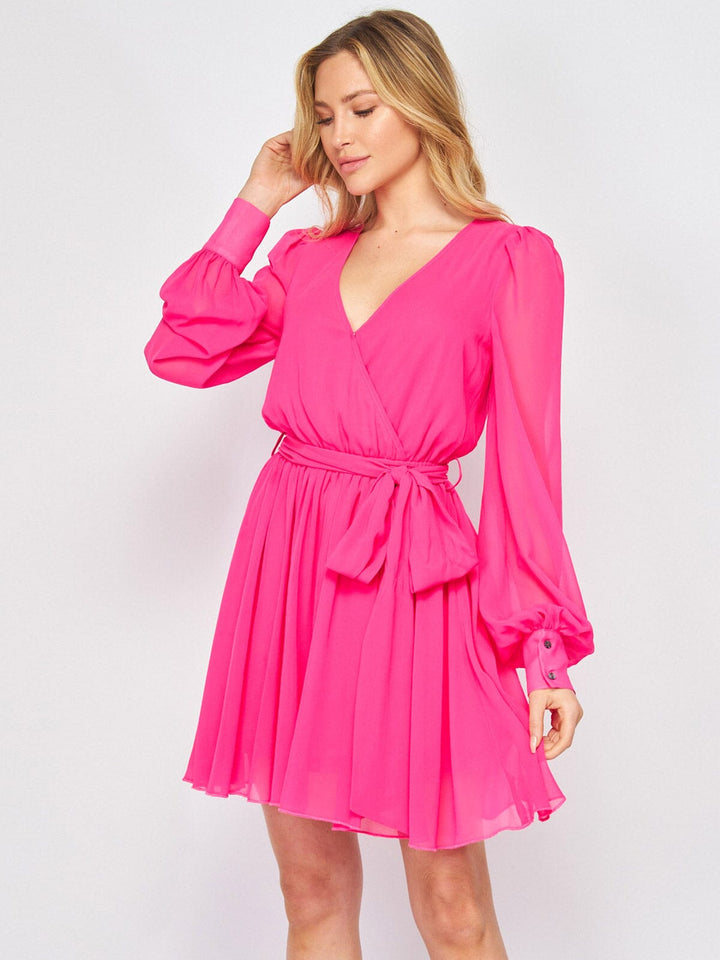 WOMEN'S LONG SLEEVE SURPLICE ELASTIC WAIST SELF TIE MINI DRESS