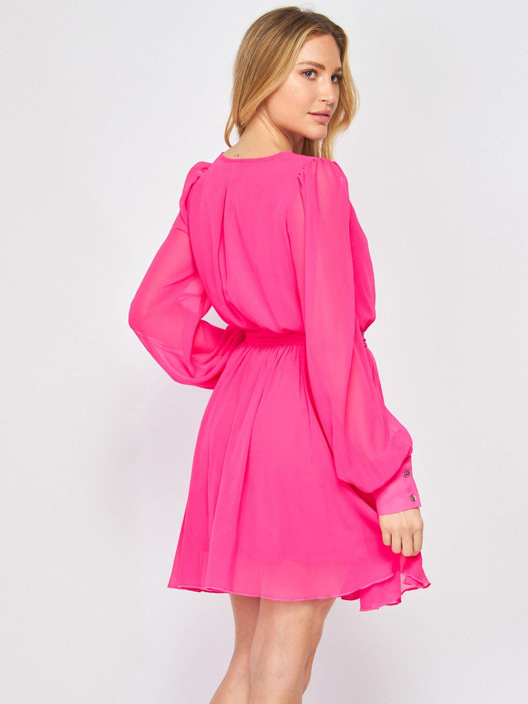 WOMEN'S LONG SLEEVE SURPLICE ELASTIC WAIST SELF TIE MINI DRESS