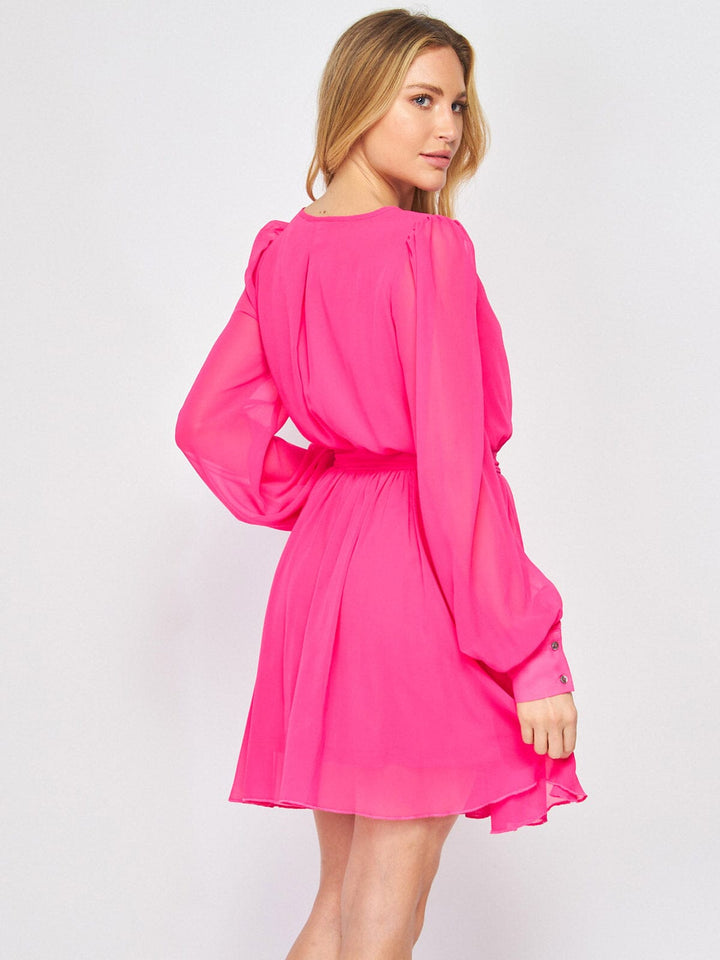WOMEN'S LONG SLEEVE SURPLICE ELASTIC WAIST SELF TIE MINI DRESS