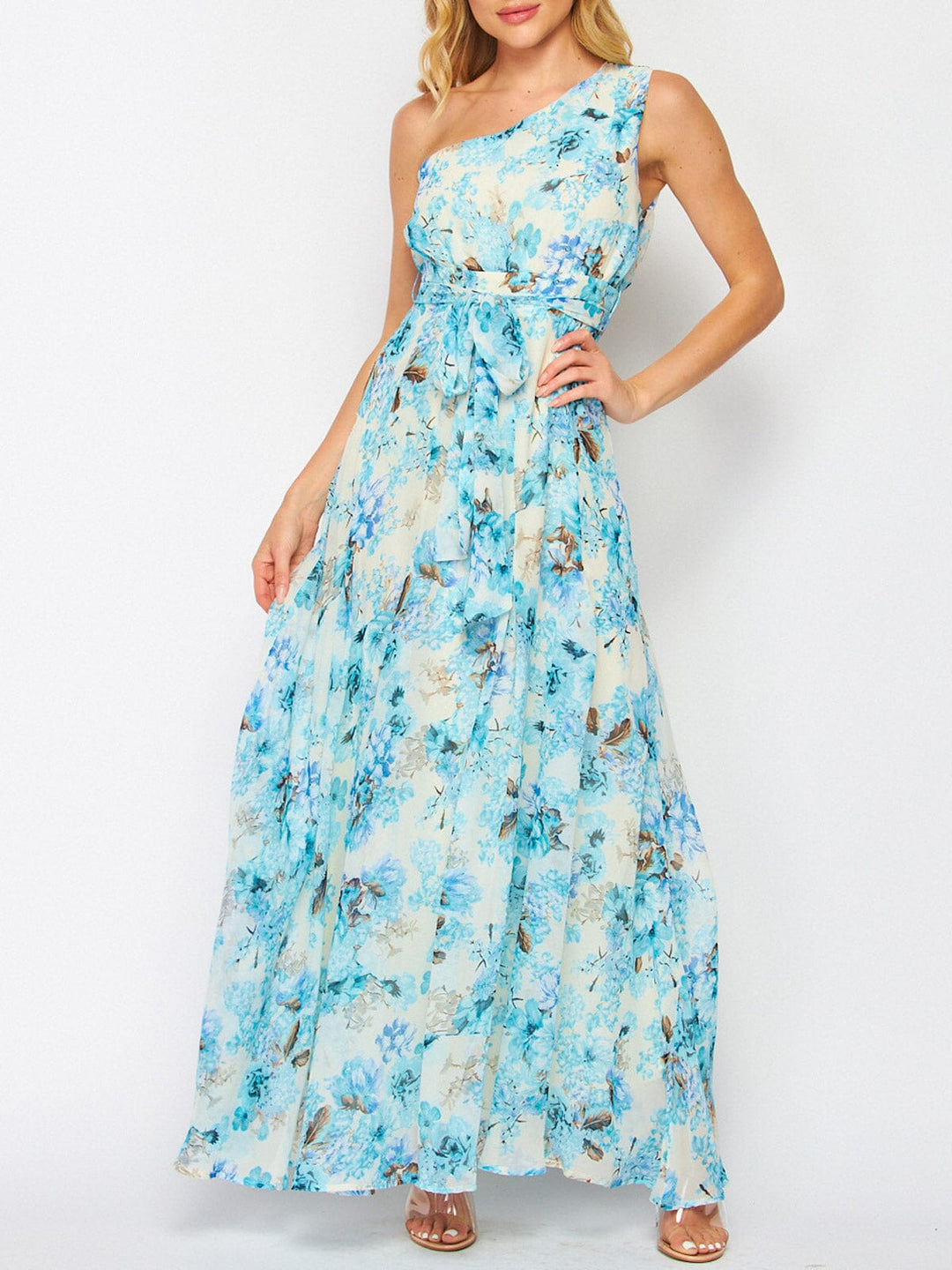 WOMEN'S SLEEVELESS ONE SHOULDER FLORAL MAXI DRESS