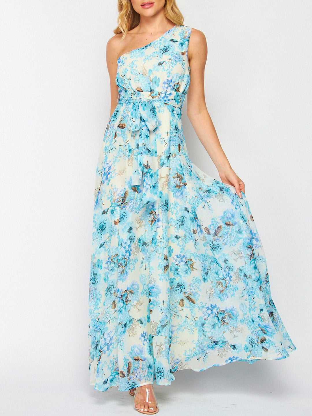WOMEN'S SLEEVELESS ONE SHOULDER FLORAL MAXI DRESS