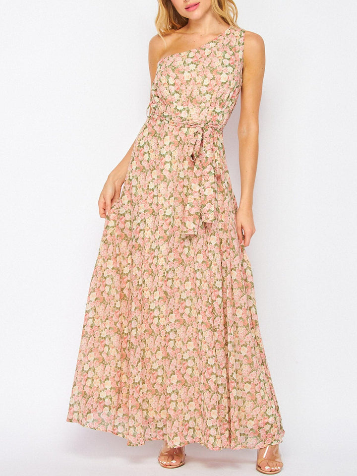 WOMEN'S SLEEVELESS ONE SHOULDER FLORAL MAXI DRESS