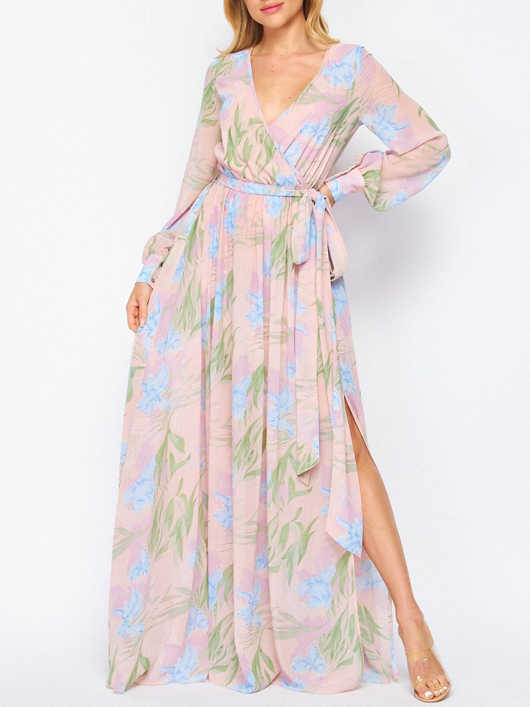 WOMEN'S LONG SLEEVE V-NECK SURPLICE SIDE SLIT MAXI DRESS