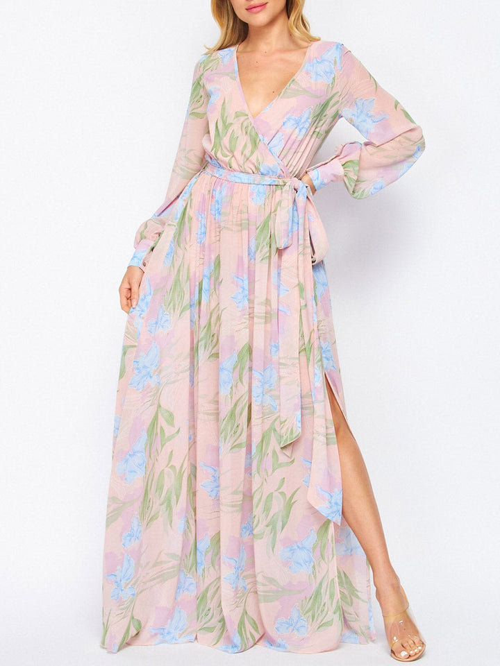WOMEN'S LONG SLEEVE V-NECK SURPLICE SIDE SLIT MAXI DRESS