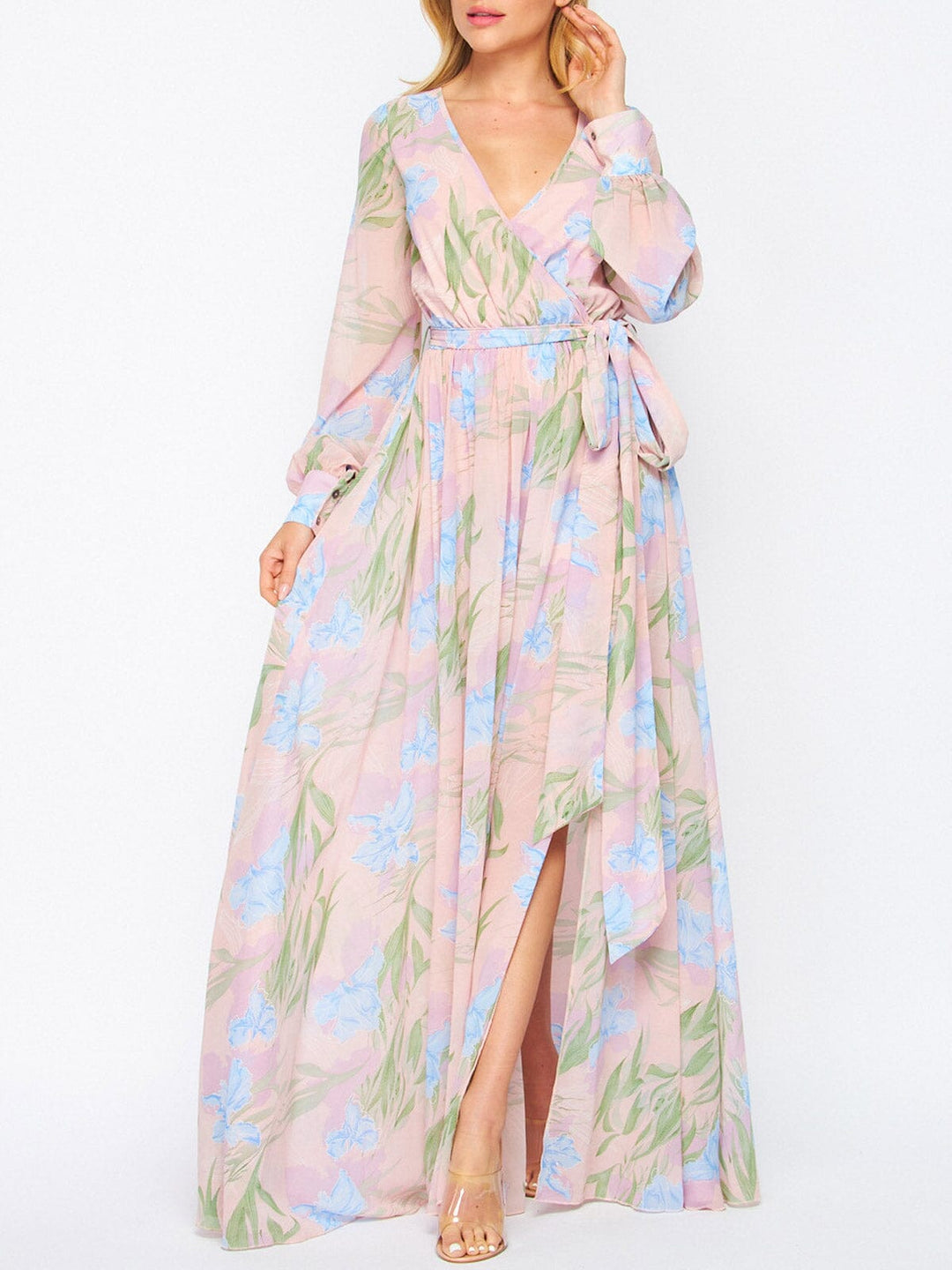 WOMEN'S LONG SLEEVE V-NECK SURPLICE SIDE SLIT MAXI DRESS
