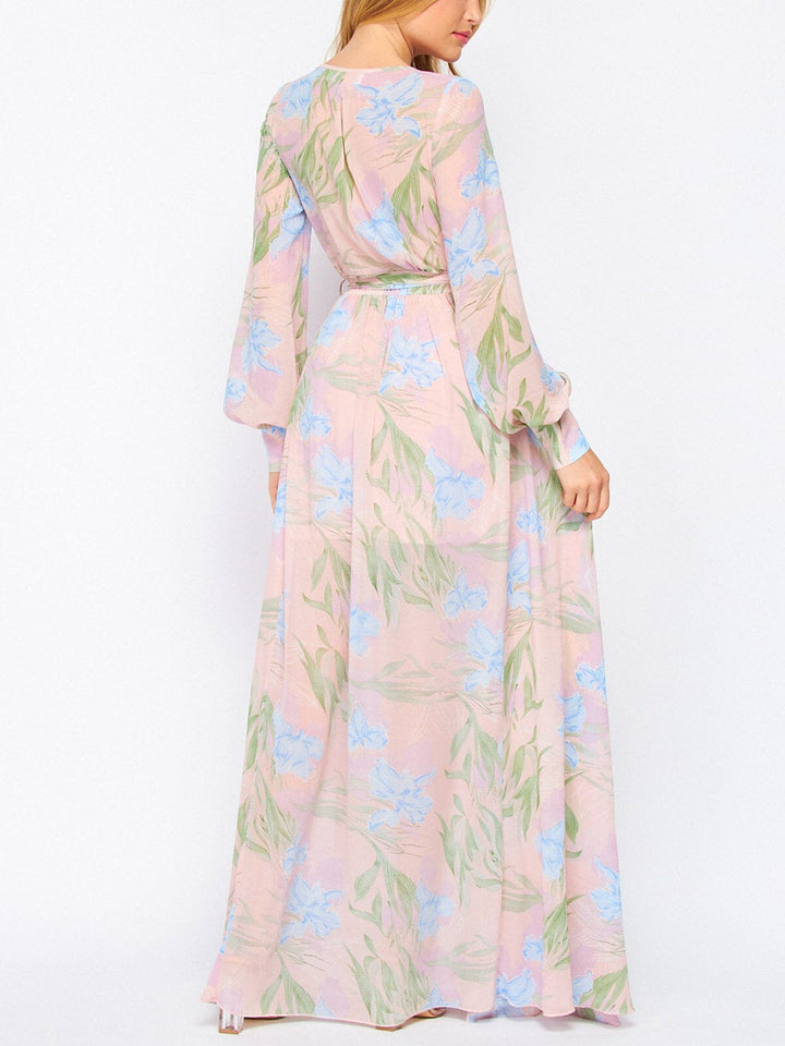 WOMEN'S LONG SLEEVE V-NECK SURPLICE SIDE SLIT MAXI DRESS
