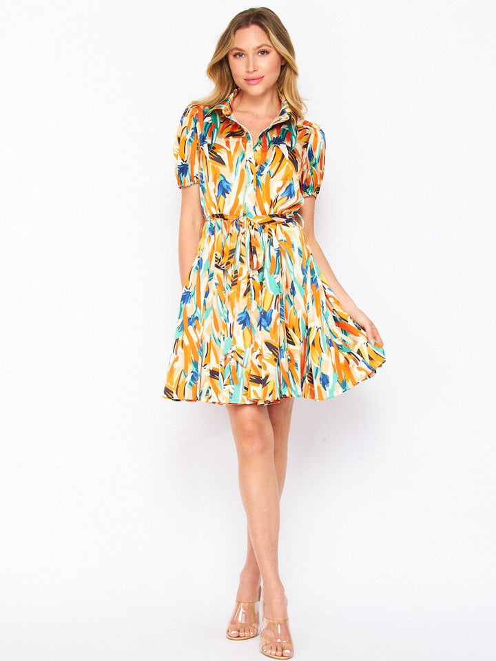 WOMEN'S SHORT SLEEVE BUTTON UP SELF TIE MULTI PRINT MINI DRESS