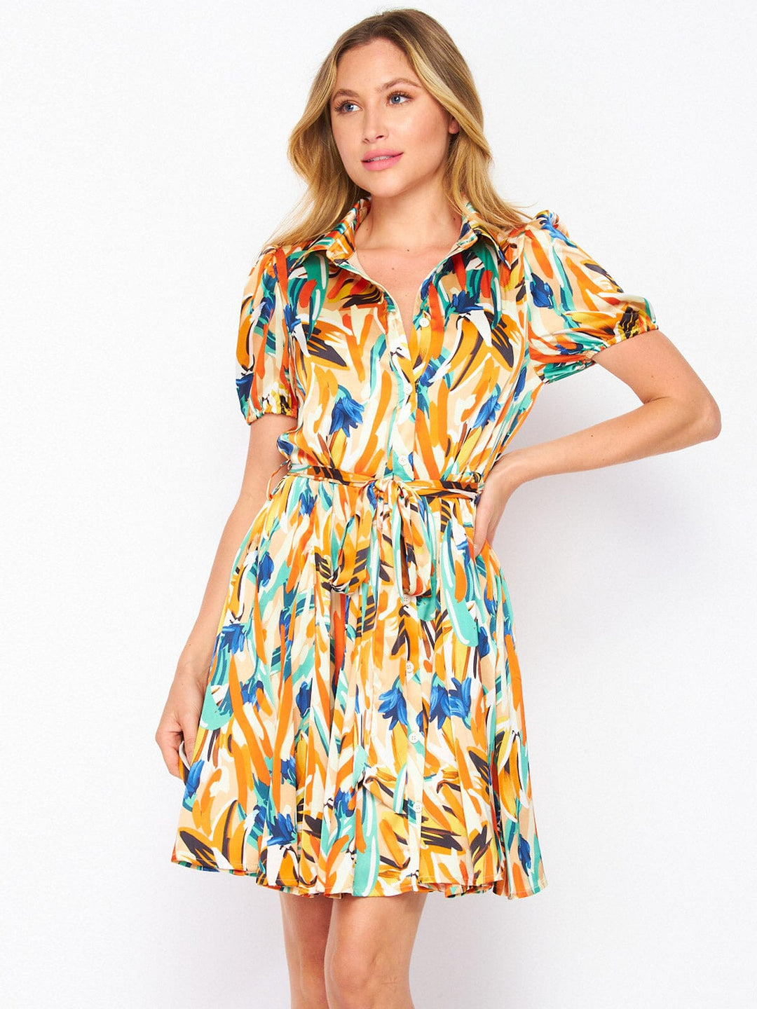 WOMEN'S SHORT SLEEVE BUTTON UP SELF TIE MULTI PRINT MINI DRESS