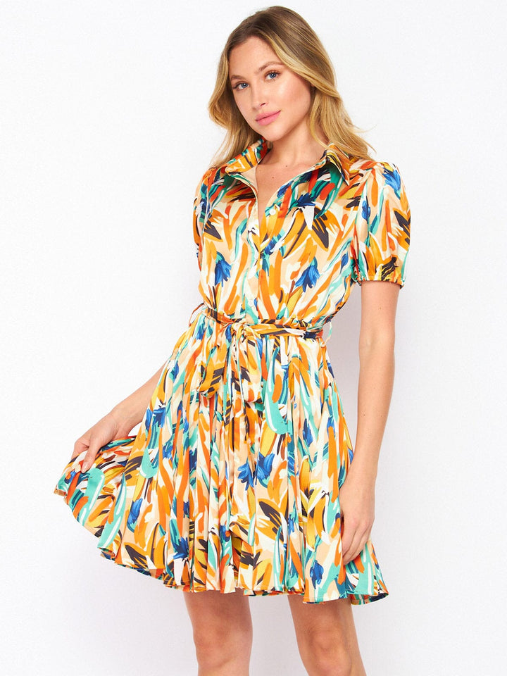 WOMEN'S SHORT SLEEVE BUTTON UP SELF TIE MULTI PRINT MINI DRESS