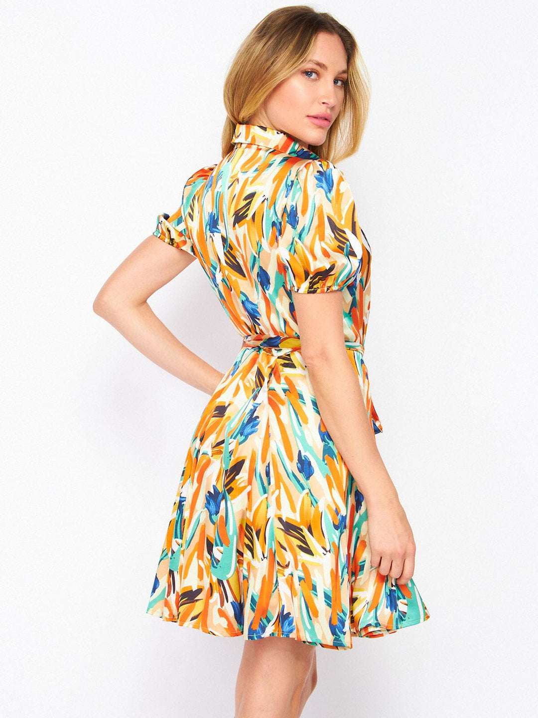 WOMEN'S SHORT SLEEVE BUTTON UP SELF TIE MULTI PRINT MINI DRESS