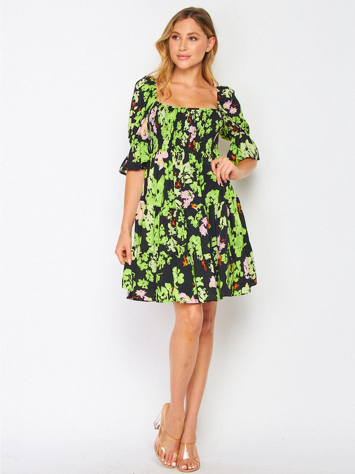 WOMEN'S 3/4 SLEEVES SMOCK SQUARE NECK FLORAL MINI DRESS