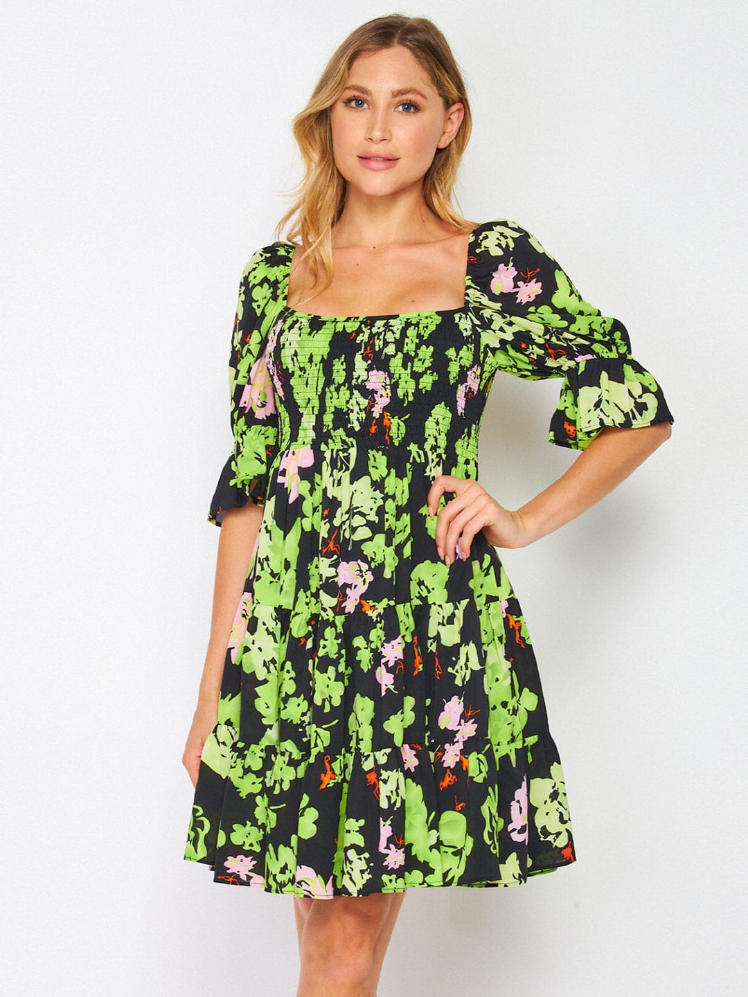 WOMEN'S 3/4 SLEEVES SMOCK SQUARE NECK FLORAL MINI DRESS