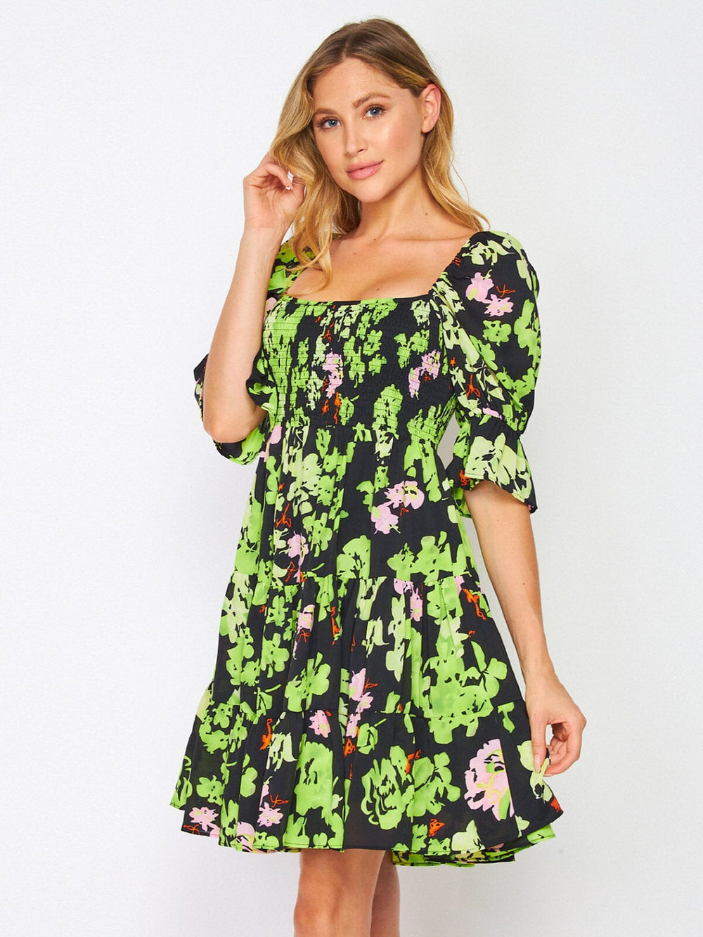 WOMEN'S 3/4 SLEEVES SMOCK SQUARE NECK FLORAL MINI DRESS