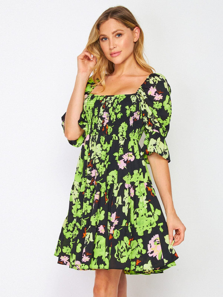 WOMEN'S 3/4 SLEEVES SMOCK SQUARE NECK FLORAL MINI DRESS