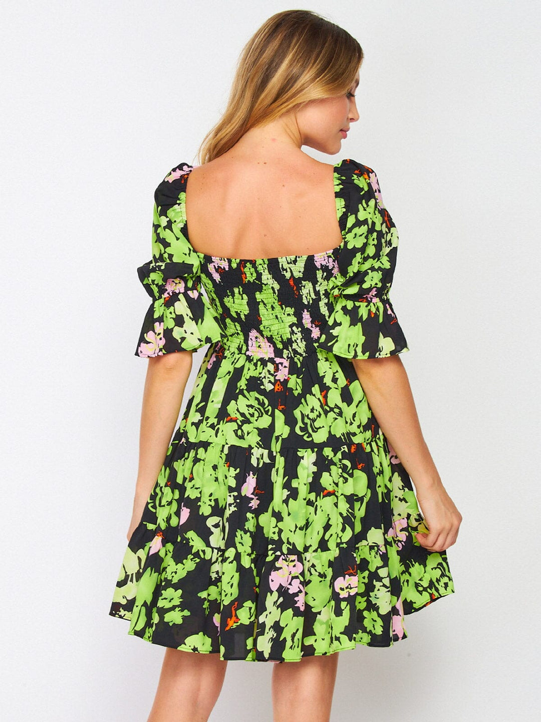 WOMEN'S 3/4 SLEEVES SMOCK SQUARE NECK FLORAL MINI DRESS