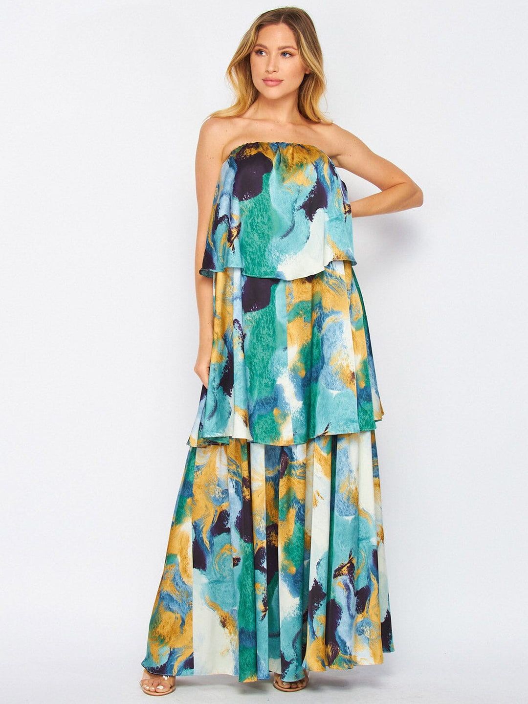WOMEN'S OFF SHOULDER RUFFLE TIERED MULTI PRINT MAXI DRESS