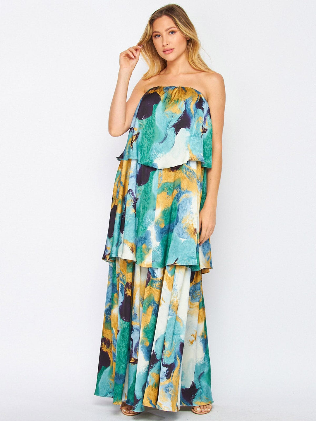 WOMEN'S OFF SHOULDER RUFFLE TIERED MULTI PRINT MAXI DRESS