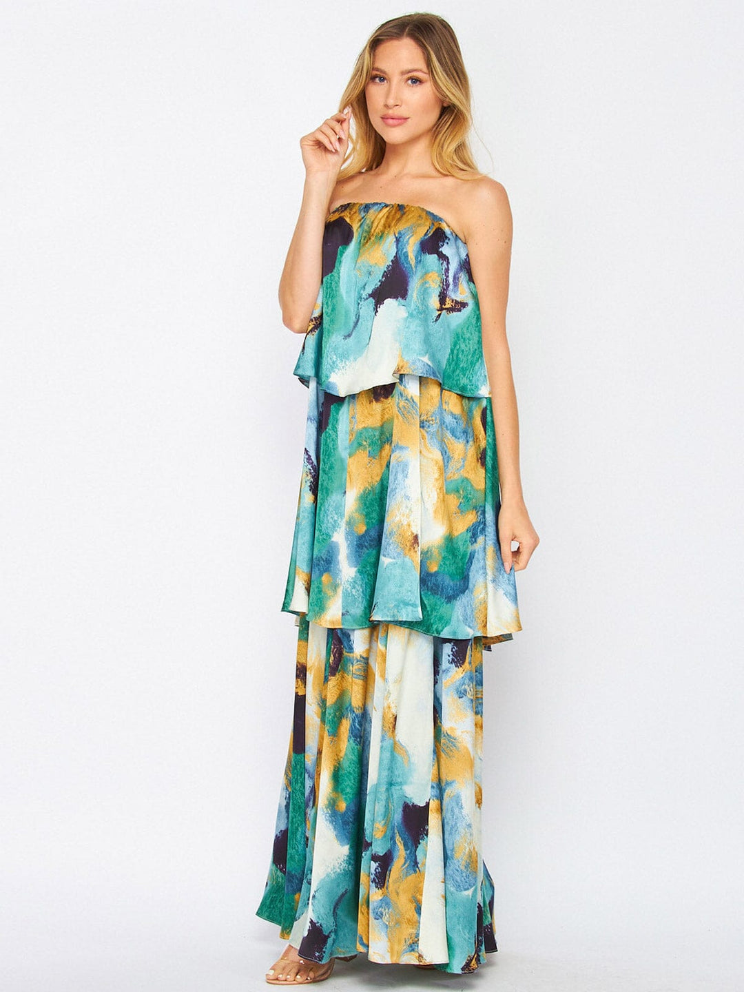 WOMEN'S OFF SHOULDER RUFFLE TIERED MULTI PRINT MAXI DRESS