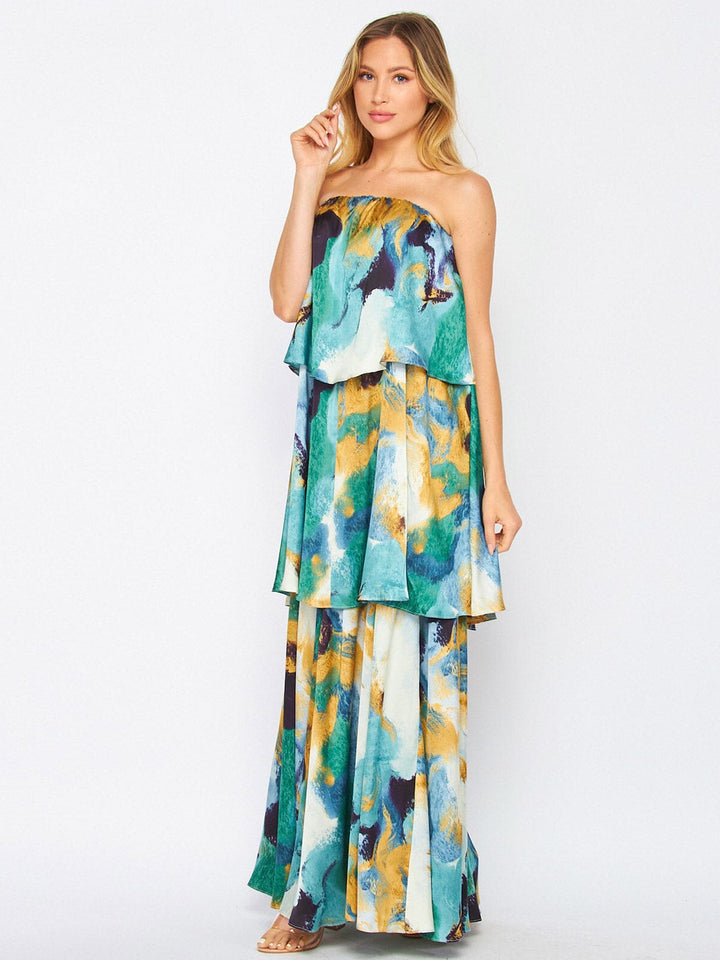 WOMEN'S OFF SHOULDER RUFFLE TIERED MULTI PRINT MAXI DRESS