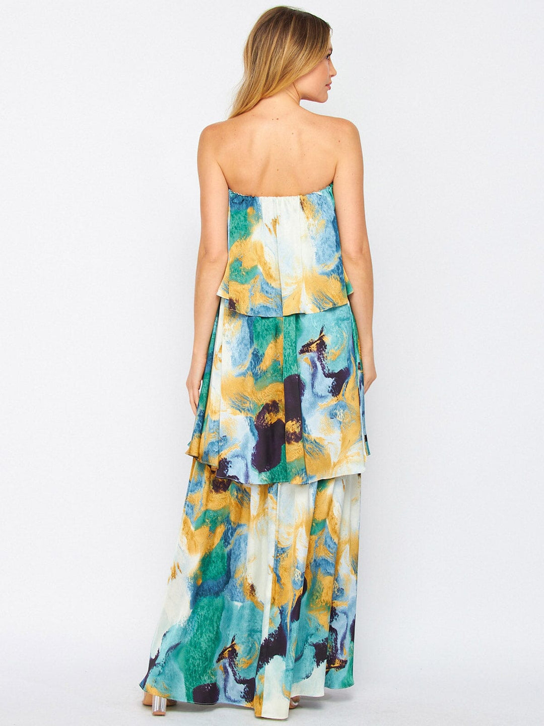 WOMEN'S OFF SHOULDER RUFFLE TIERED MULTI PRINT MAXI DRESS