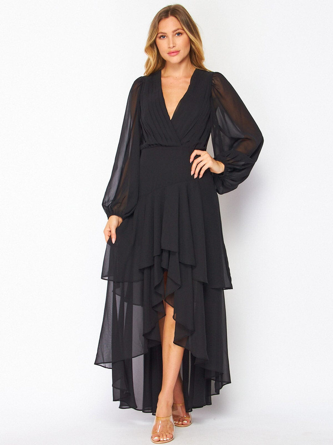 WOMEN'S LONG SLEEVE SURPLICE HIGH LOW RUFFLE MAXI DRESS