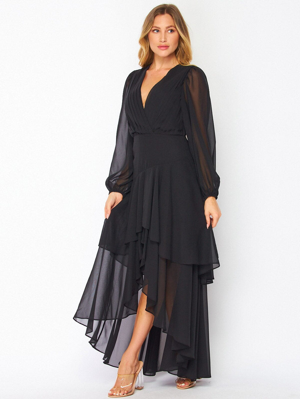 WOMEN'S LONG SLEEVE SURPLICE HIGH LOW RUFFLE MAXI DRESS