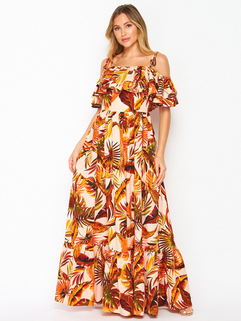 WOMEN'S OFF SHOULDER RUFFLE TIERED FLORAL PRINT MAXI DRESS