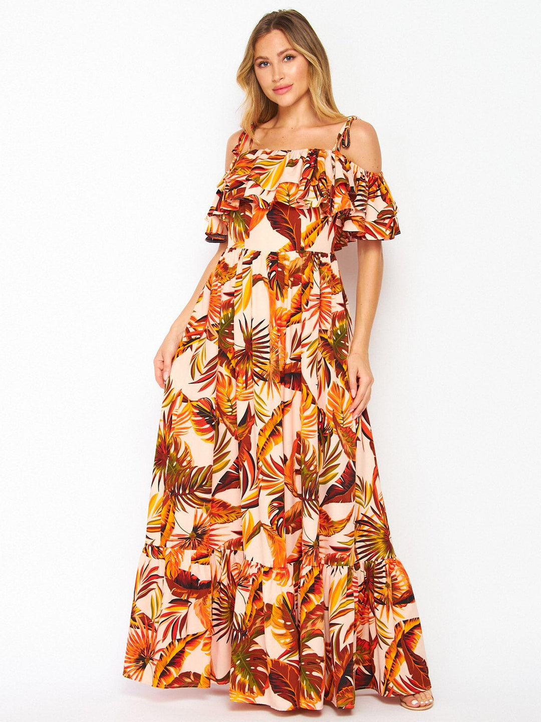 WOMEN'S OFF SHOULDER RUFFLE TIERED FLORAL PRINT MAXI DRESS