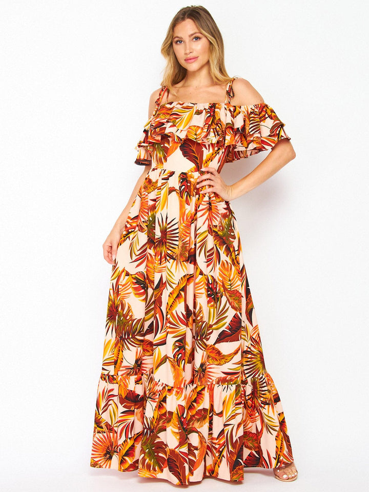 WOMEN'S OFF SHOULDER RUFFLE TIERED FLORAL PRINT MAXI DRESS