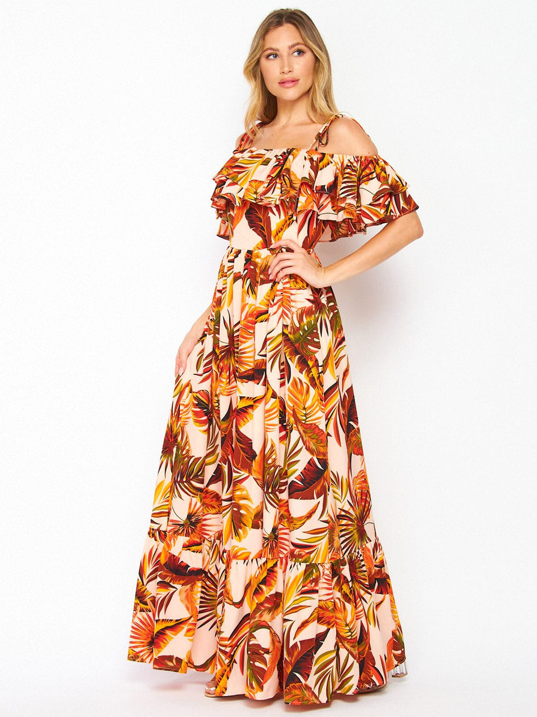 WOMEN'S OFF SHOULDER RUFFLE TIERED FLORAL PRINT MAXI DRESS