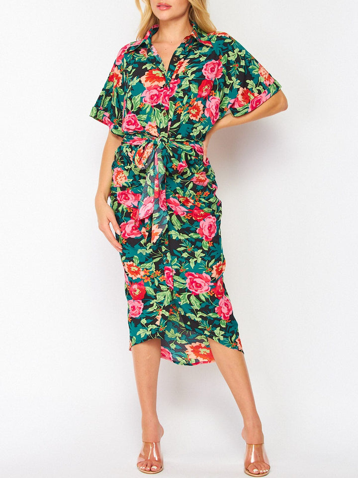 WOMEN'S SHORT SLEEVE BUTTON UP RUCHED FLORAL MIDI DRESS
