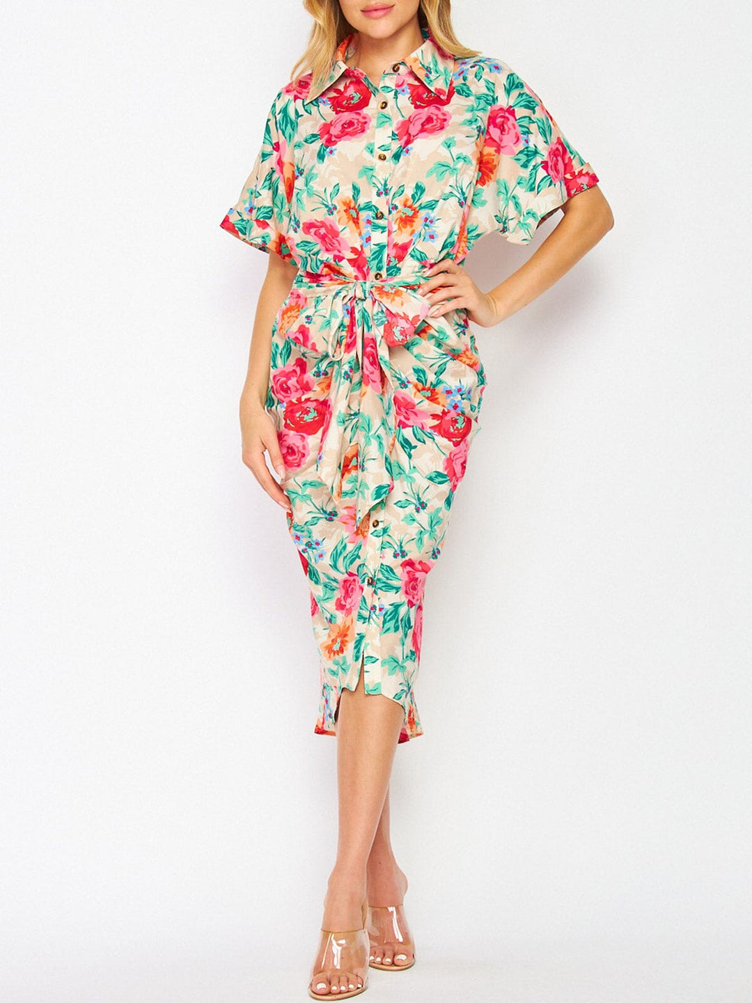 WOMEN'S SHORT SLEEVE BUTTON UP RUCHED FLORAL MIDI DRESS