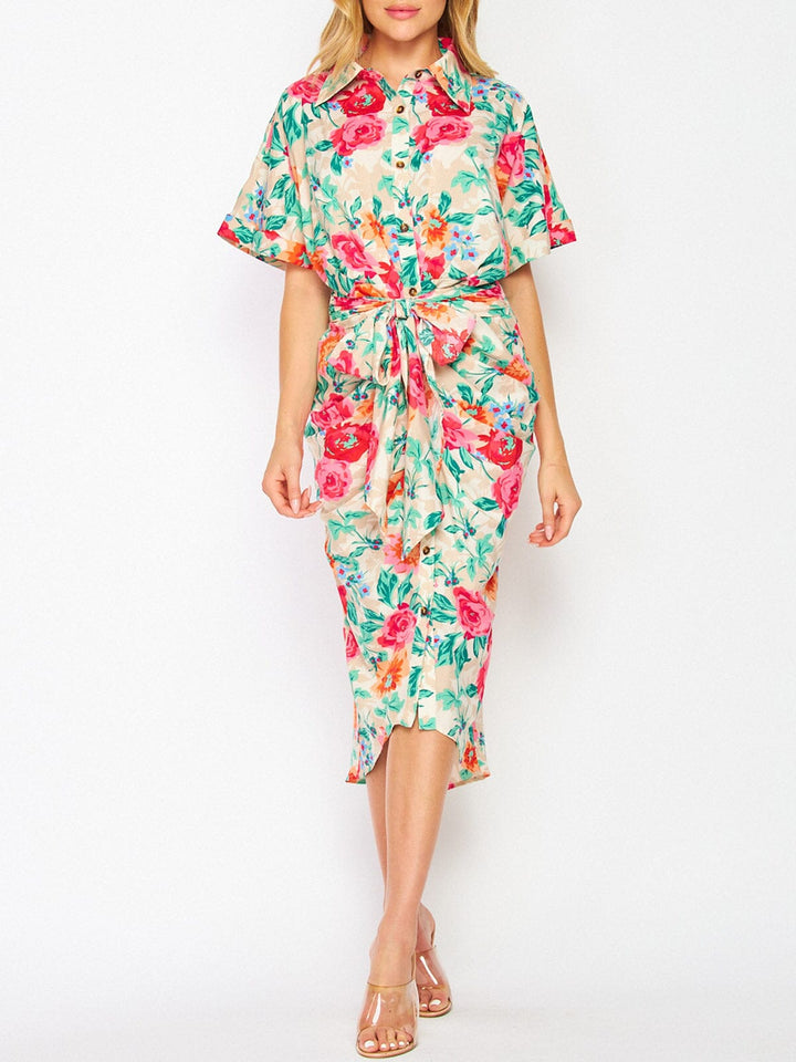 WOMEN'S SHORT SLEEVE BUTTON UP RUCHED FLORAL MIDI DRESS
