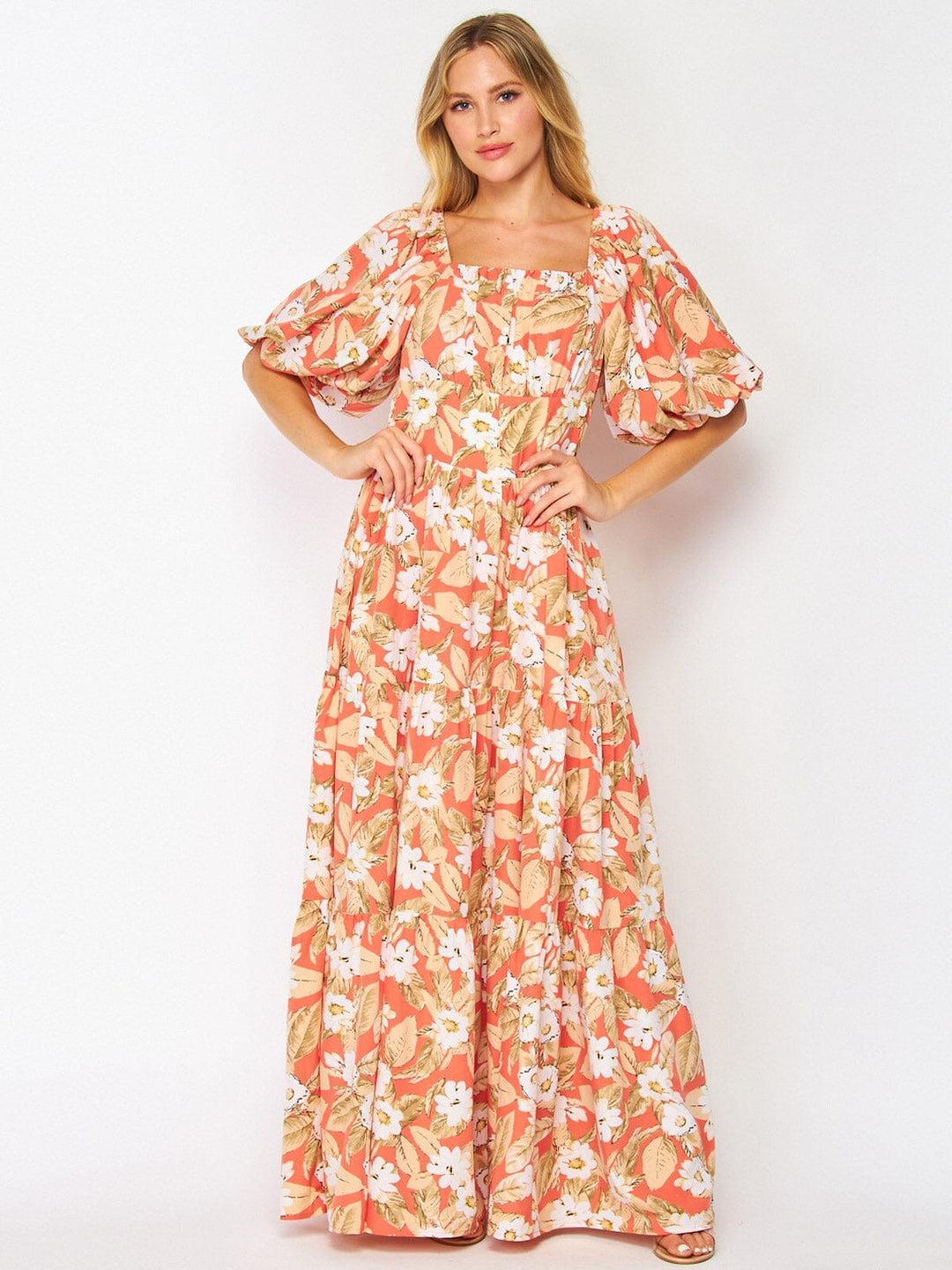 WOMEN'S SHORT PUFF SLEEVE POCKETS FLORAL MAXI DRESS