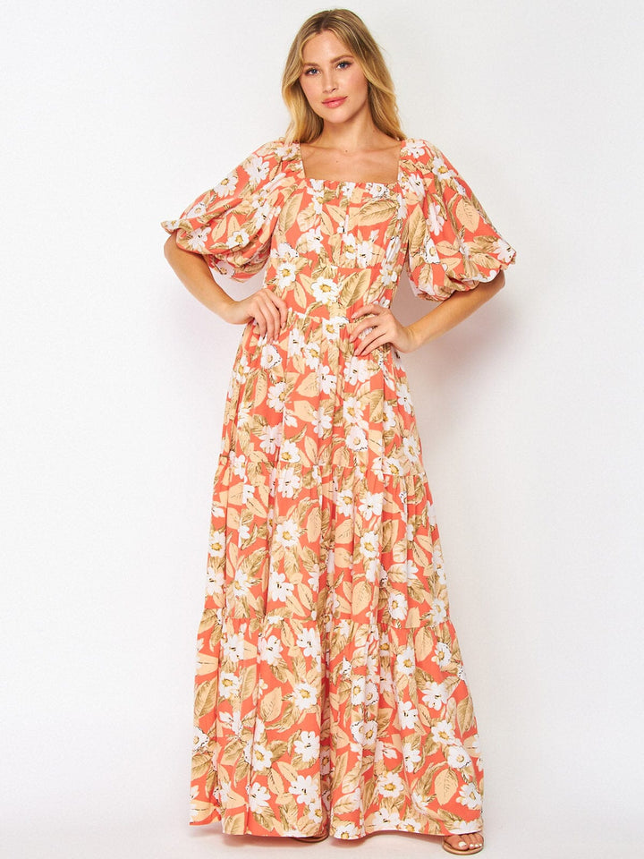 WOMEN'S SHORT PUFF SLEEVE POCKETS FLORAL MAXI DRESS
