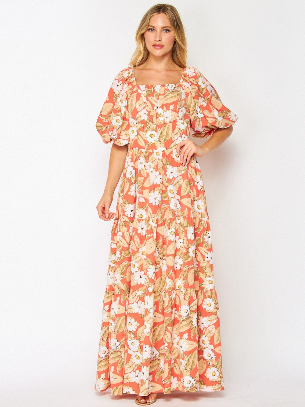 WOMEN'S SHORT PUFF SLEEVE POCKETS FLORAL MAXI DRESS