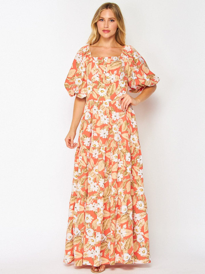 WOMEN'S SHORT PUFF SLEEVE POCKETS FLORAL MAXI DRESS