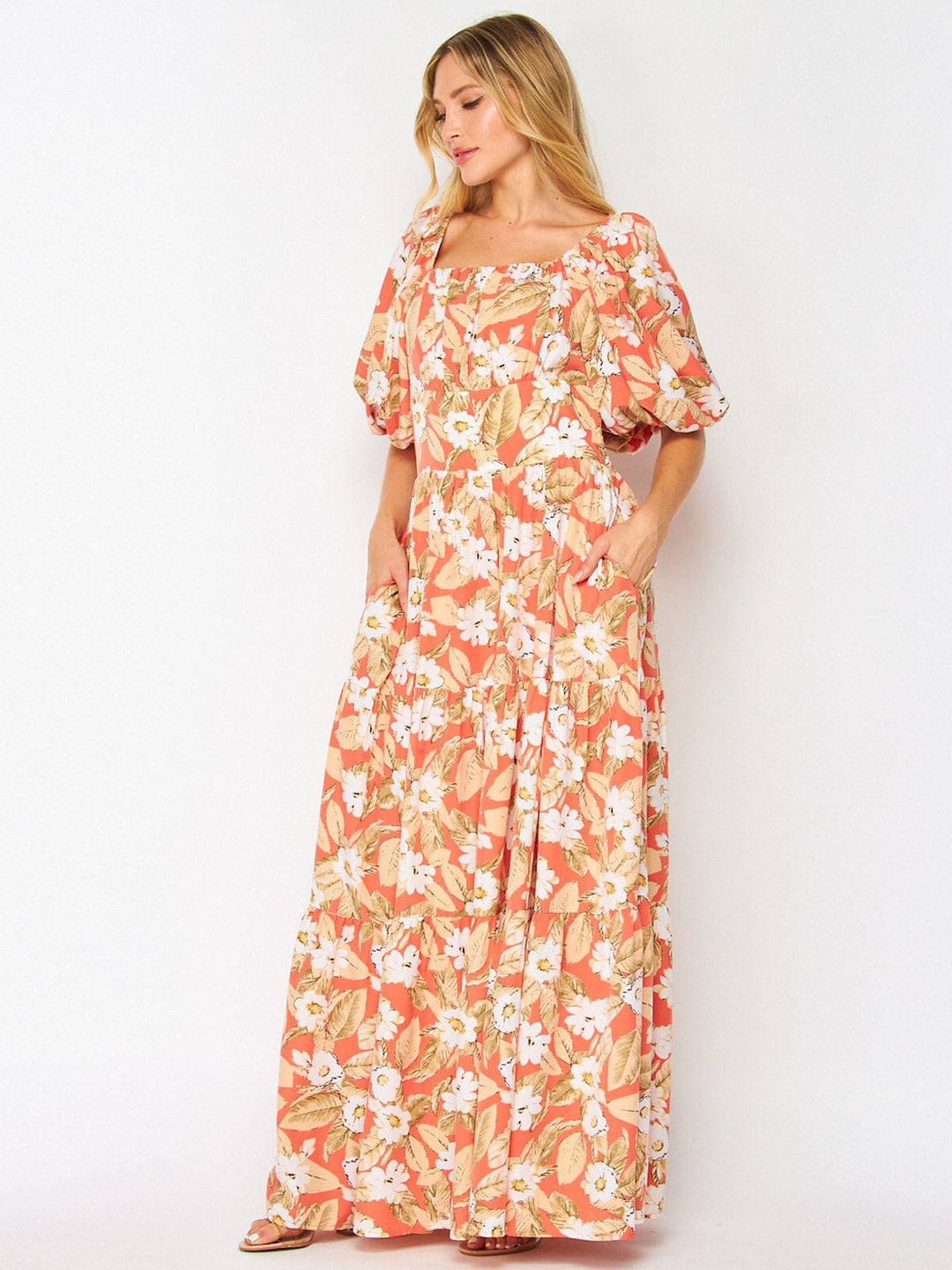 WOMEN'S SHORT PUFF SLEEVE POCKETS FLORAL MAXI DRESS