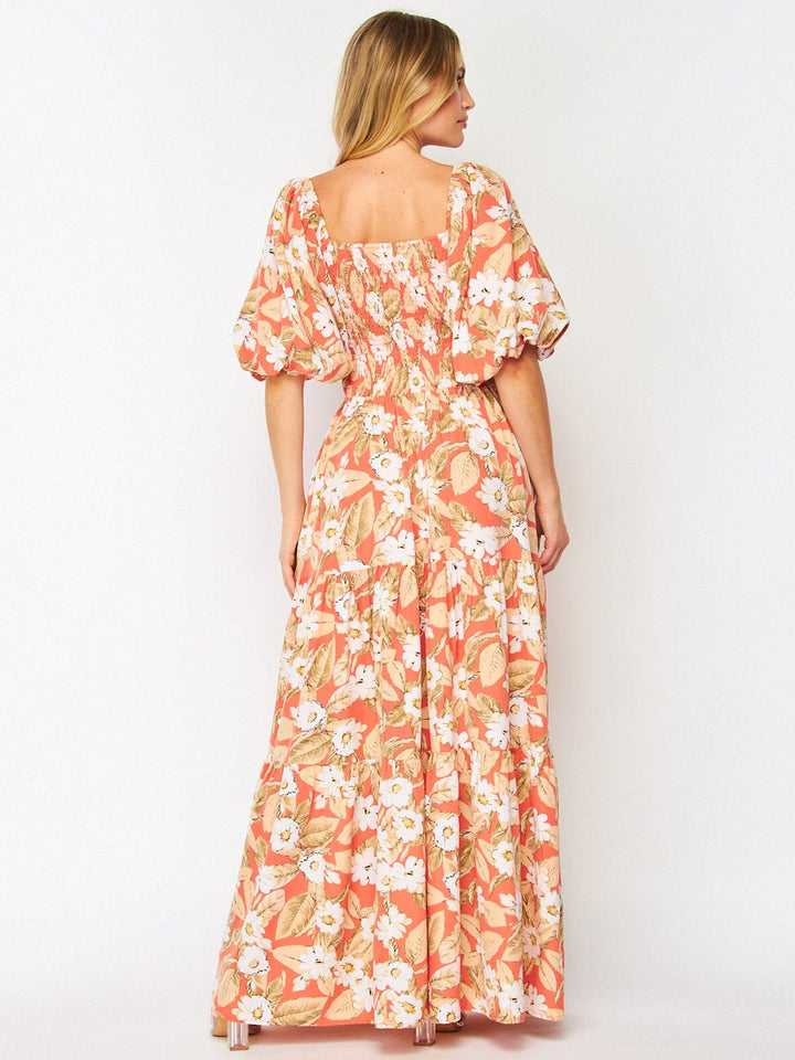 WOMEN'S SHORT PUFF SLEEVE POCKETS FLORAL MAXI DRESS