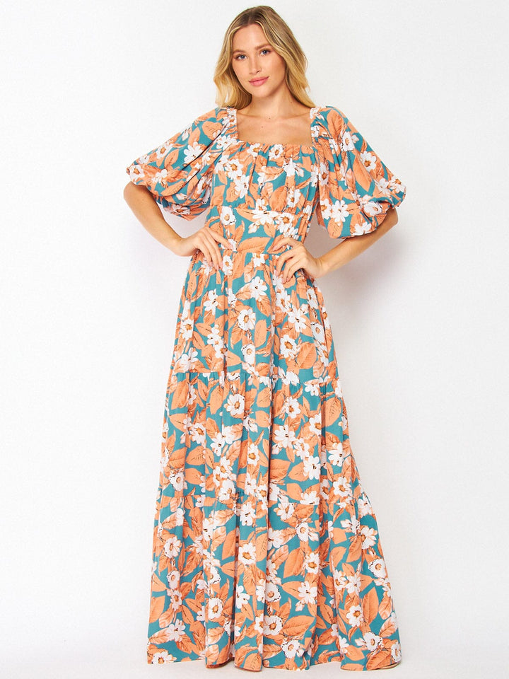 WOMEN'S SHORT PUFF SLEEVE POCKETS FLORAL MAXI DRESS