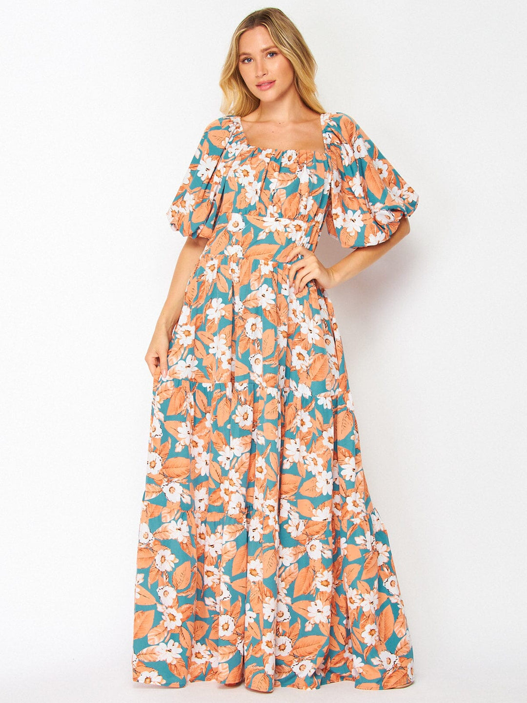 WOMEN'S SHORT PUFF SLEEVE POCKETS FLORAL MAXI DRESS